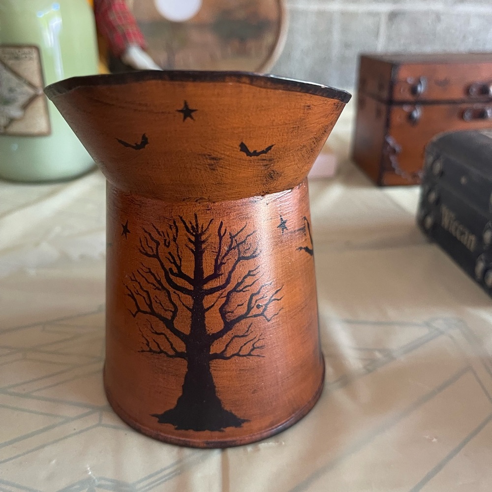 Salem Halloween Primitive Metal Hand Painted Witch themed Pitcher